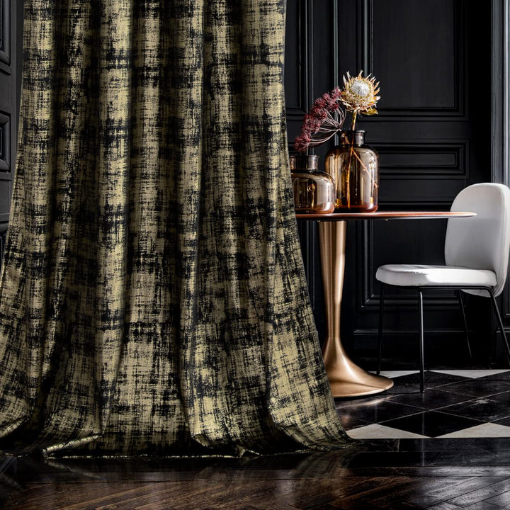 SHINELAND Black Curtains for Living Room 108 Inches Long,Blackout Gold Pattern Velvet Contemporary Elegant Glow in The Dark 9ft Ceiling to Floor Length Curtains