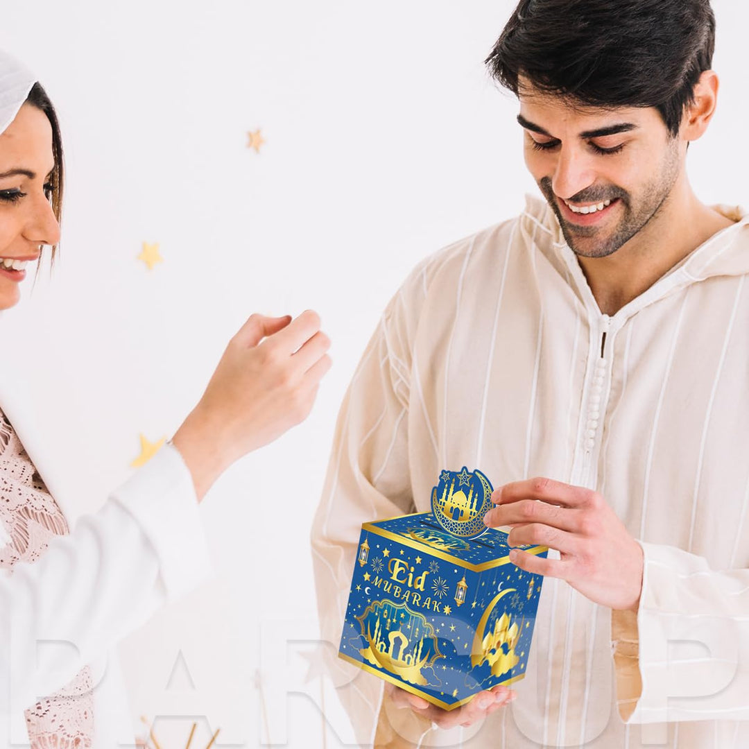Eid Mubarak Money Box for Cash Gift Pull, Money Gift Boxes for Cash, Money Box for Cash Gift Black & Gold Money Holder for Cash with Pull Out Card DIY Set Surprise Eid Gift Box - Blue Gold