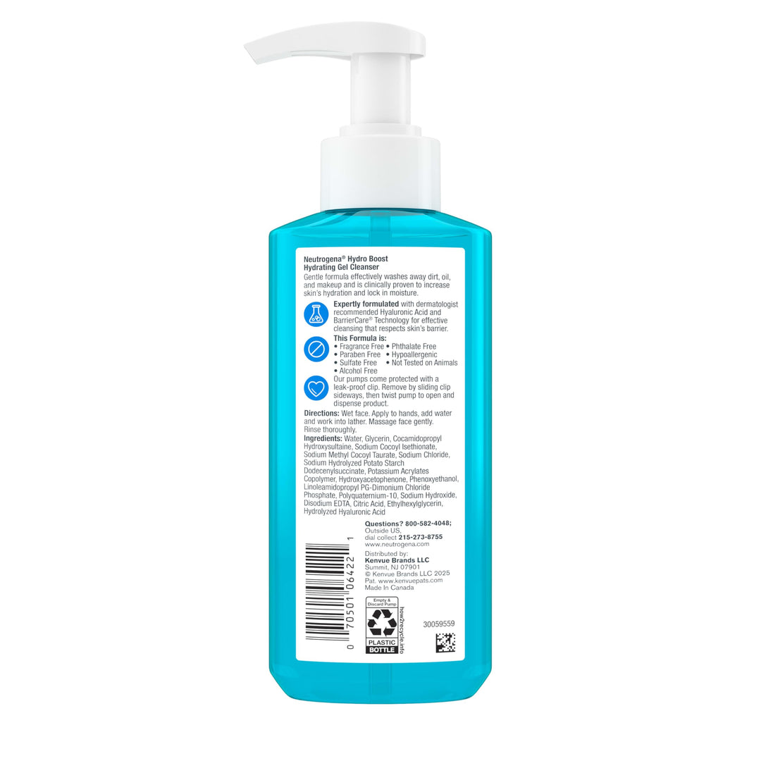 Neutrogena Hydro Boost Face Wash, Fragrance Free, Hydrating Facial Cleanser with Hyaluronic Acid, Daily Foaming Face Wash & Makeup Remover, Hypoallergenic Gel Cleanser, 7.8 fl. oz