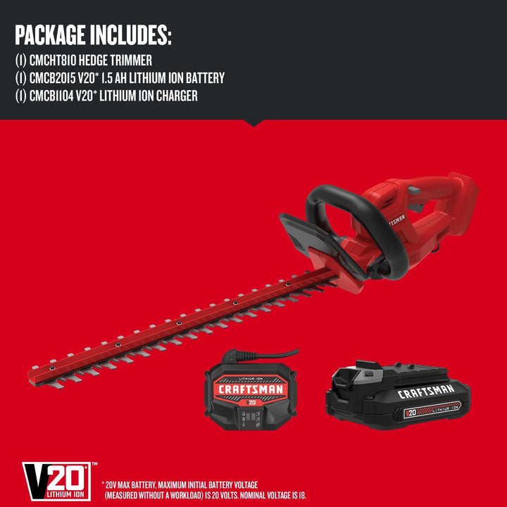CRAFTSMAN V20 Cordless Hedge Trimmer, 20 inch, Battery and Charger Included (CMCHT810C1)