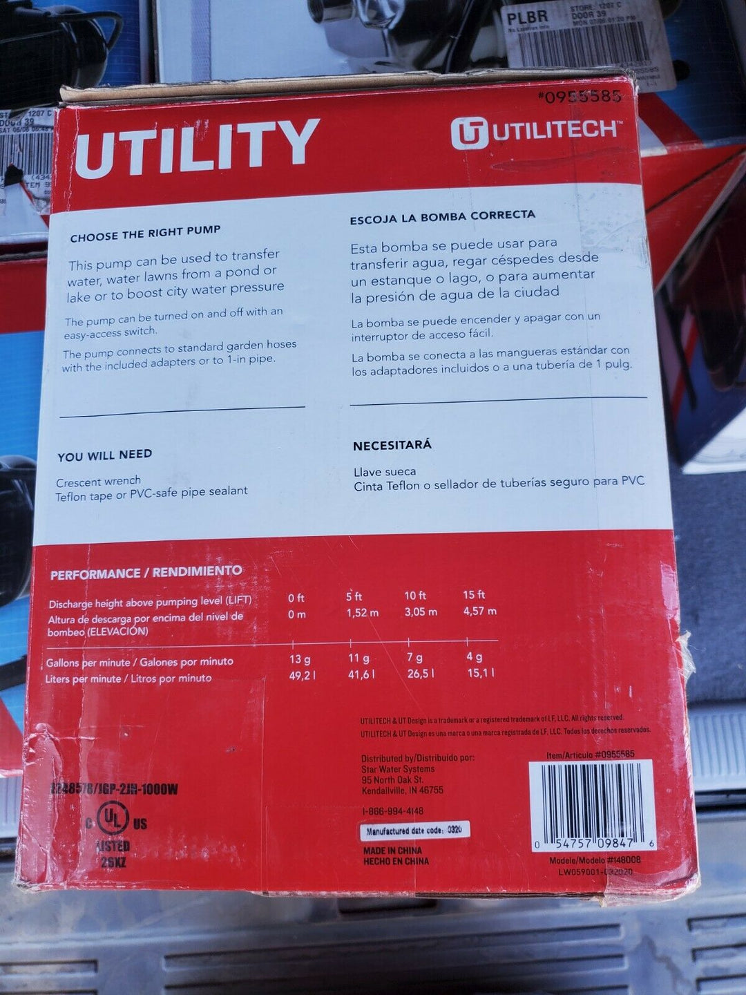 Utilitech 1-HP Stainless Steel Lawn Pump Booster Pump Sprinkler Pump Brand New