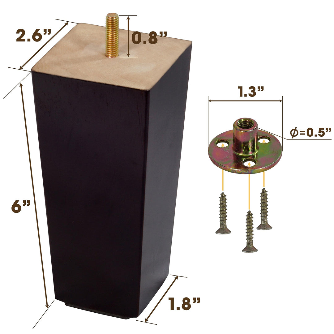 BARIEN 6" Square Mid-Century Modern Wood Furniture Legs - Set of 4, Dark Brown, Bolt-On, Up to 1800lbs Weight Capacity, Ideal for Couches, Armchairs, Sofas & More