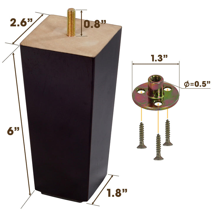 BARIEN 6" Square Mid-Century Modern Wood Furniture Legs - Set of 4, Dark Brown, Bolt-On, Up to 1800lbs Weight Capacity, Ideal for Couches, Armchairs, Sofas & More