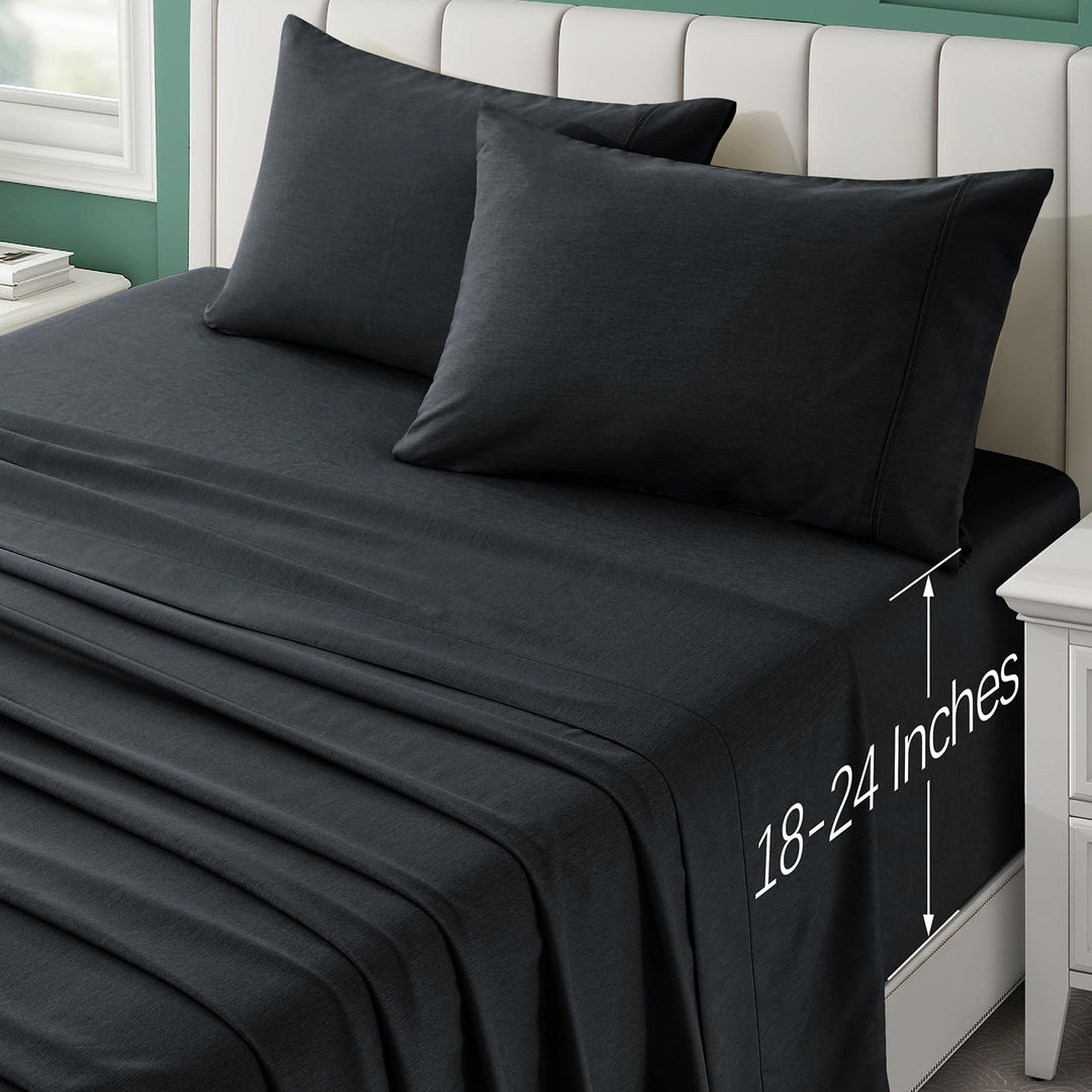 VACVELT 4pcs Extra Deep Pocket Full Sheets, Rayon Derived from Bamboo Sheets, Black Sheet Set 18-24 Inch Deep Pocket Bed Set, Cooling & Silky Bedding Set Soft & Ultra Deep Fitted Sheet Set