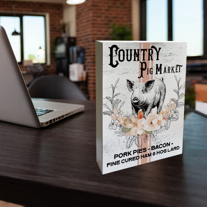 Farmhouse Country Pig Market Wooden Box Sign Pig Wood Block Tabletop Sign Decorative Desk Sign Home Kitchen Shelf Decor 5.8 X 7.8 Inches