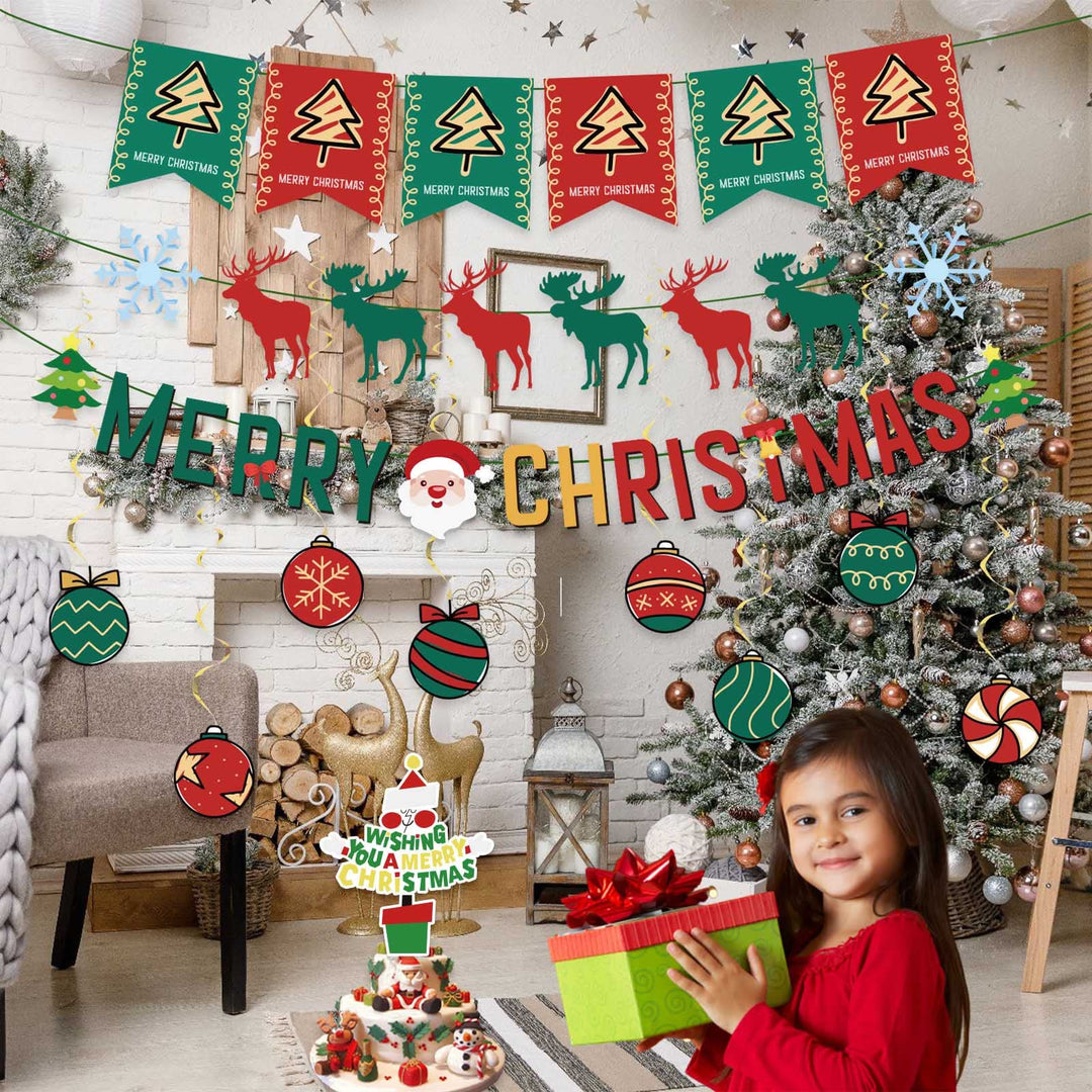 Chilfamy Christmas Decorations, Red Green Merry Christmas Party Banners, Reindeer Snow Garland Banner, Candy Foil Hanging Swirl Decors, Cake Topper for Ugly Sweater X-mas Holiday Home Party Supplies