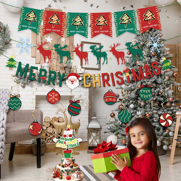 Chilfamy Christmas Decorations, Red Green Merry Christmas Party Banners, Reindeer Snow Garland Banner, Candy Foil Hanging Swirl Decors, Cake Topper for Ugly Sweater X-mas Holiday Home Party Supplies