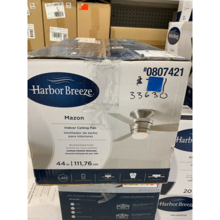HARBOR BREEZE Mazon 44-in Brushed Nickel LED Indoor Flush Mount Ceiling Fan with Light Kit and Remote (3-Blade) MZ44BNK3