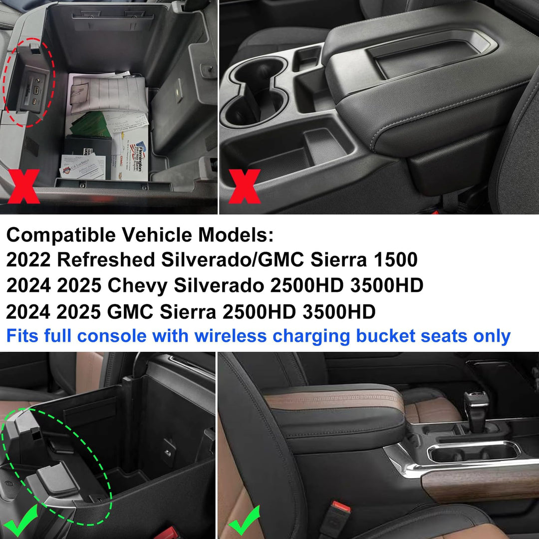 Zxiaochun Center Console Tray for 2022-2024 2025 Chevy Silverado/GMC Sierra 1500 and 2024 2025 Silverado/Sierra 2500/3500HD Accessories, Armrest Box Storage Organizer (Fits Bucket Seat Console Only)