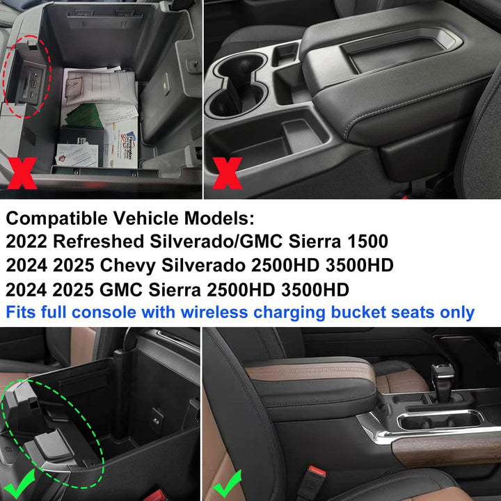 Zxiaochun Center Console Tray for 2022-2024 2025 Chevy Silverado/GMC Sierra 1500 and 2024 2025 Silverado/Sierra 2500/3500HD Accessories, Armrest Box Storage Organizer (Fits Bucket Seat Console Only)