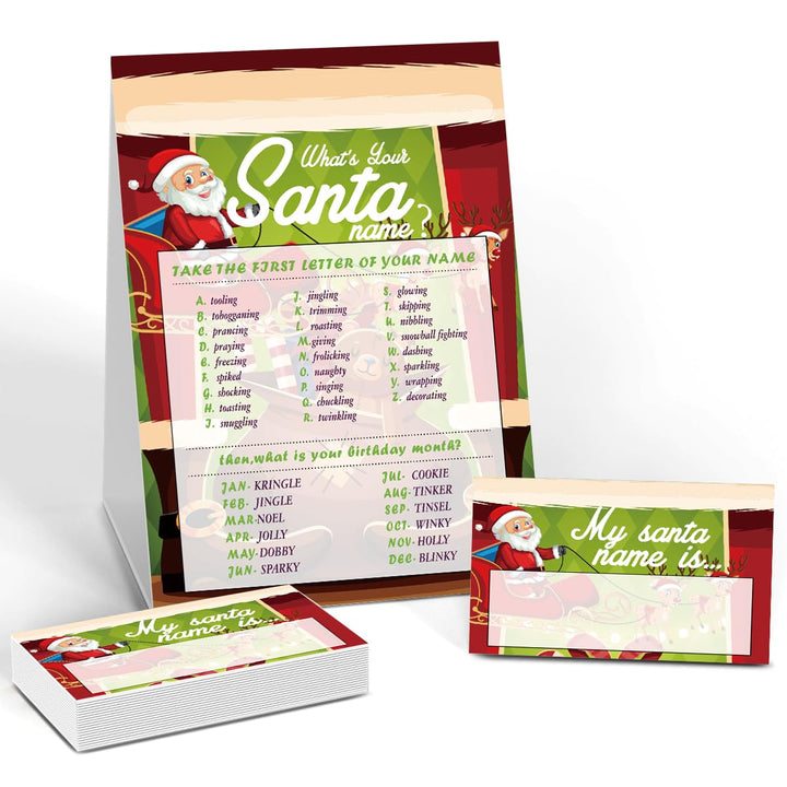 Christmas Games - What's Your Santa Name, 1 Game Sign + 30 Writing Name Tags Stickers, Christmas Party Game and Activity for Christmas Baby Shower, Christmas Party Decorations SDJ03