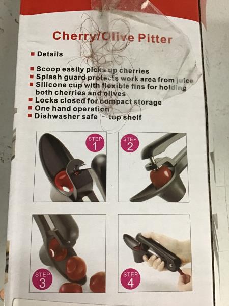 Cherry/Olive Pitter - Scoop, Splash Guard, Silicone Cup, Compact Storage, One Hand Operation Retail $5.70