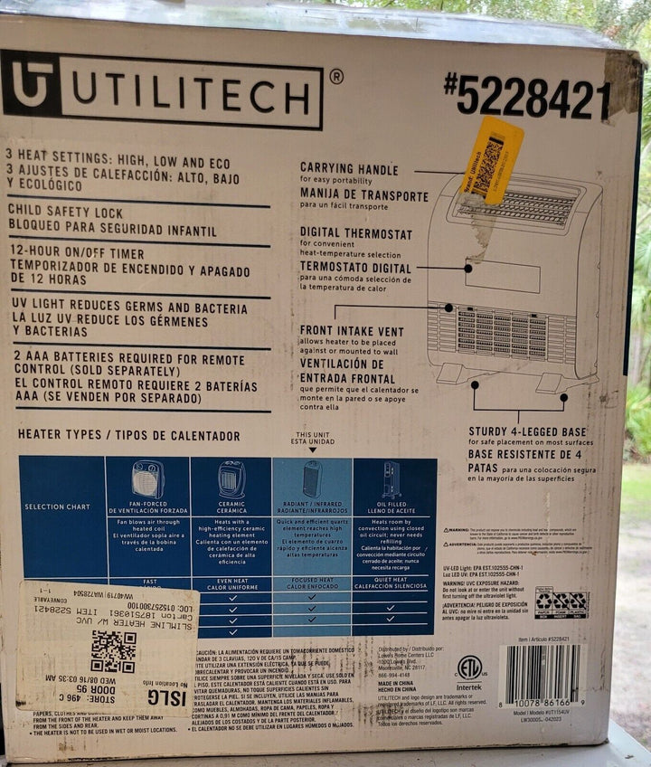 Utilitech Infrared Quartz Heater New Open Box #496-9025 Remote Manual Included