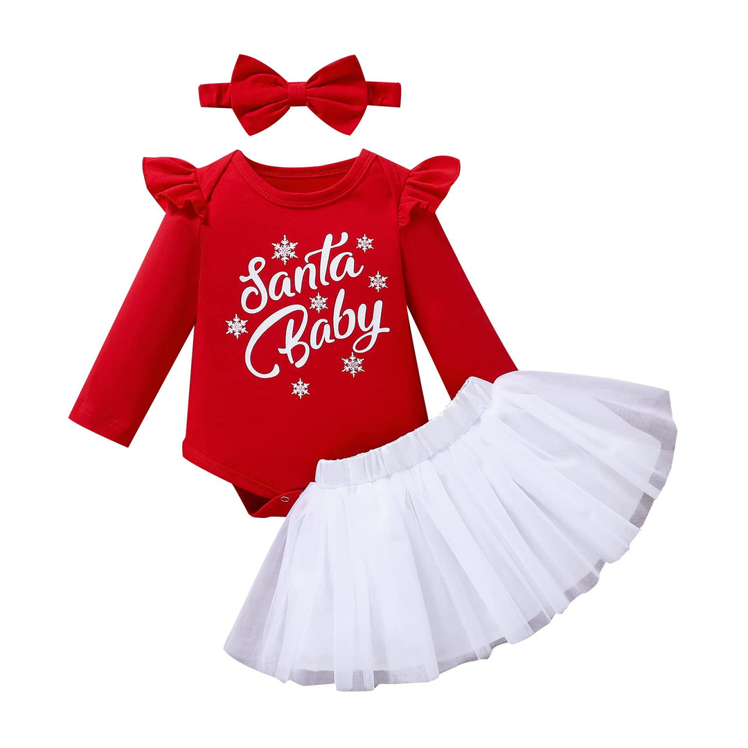 LitBear Baby Girl Christmas Tutu Dress Outfit Long Sleeve Santa Romper Bodysuit Tulle Skirt with Headband Toddler Xmas 3M 6M 12M 18M Clothes Set