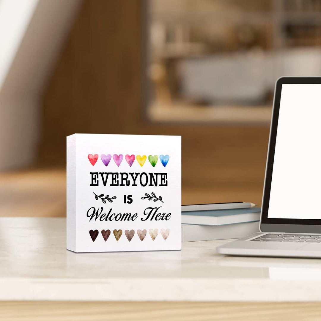 Everyone Is Welcome Here Wooden Box Sign Desk Decor,Classroom Welcome Sign,Back to School Welcome Sign,Welcome Sign for Classroom Shelf Decor