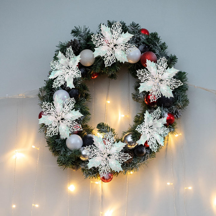 14 PCS Poinsettia Flower, 6.3" Artificial Poinsettia Christmas Decorations Glitter Poinsettias Christmas Ornaments Christmas Tree Flower Decor with Clips DIY Xmas Wreath Holiday Weed Home Party Decor