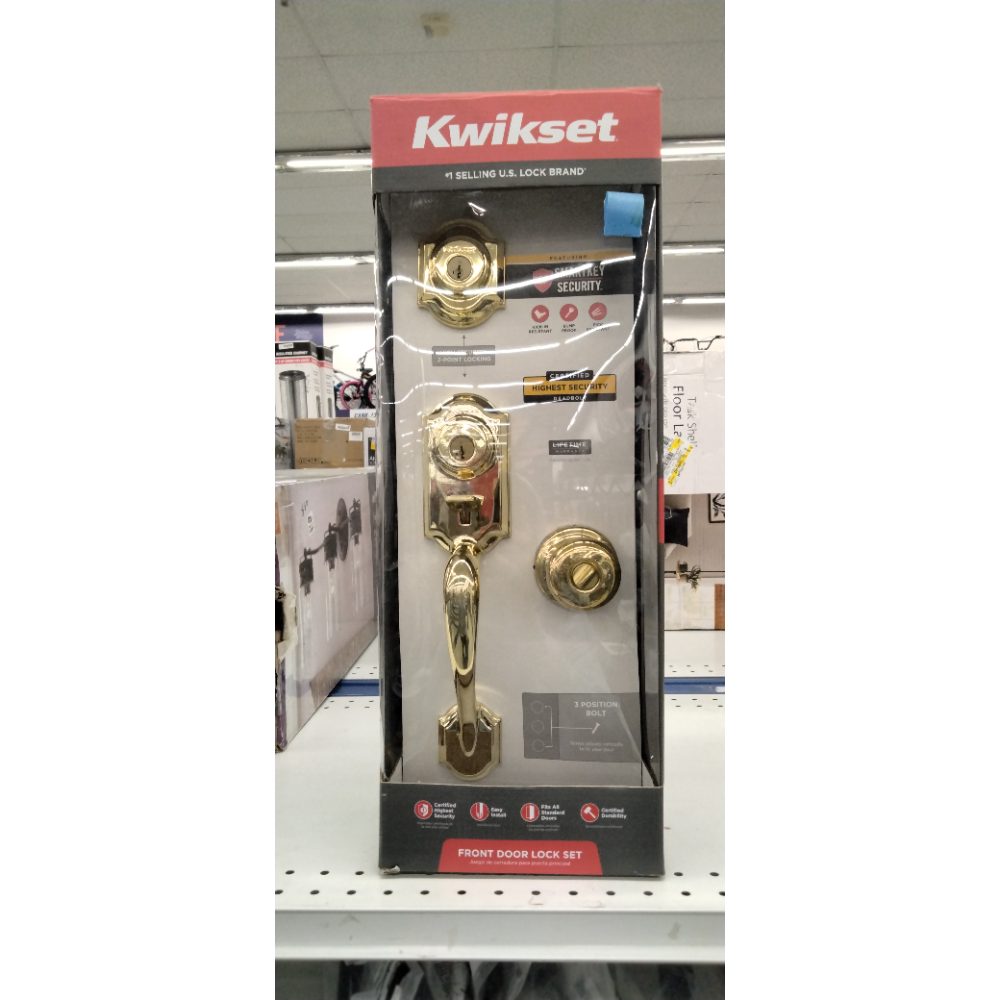 Kwikset Montara Front Door Lock Handle and Deadbolt Set, Entry Handleset Exterior with Interior Door Knob, Polished Brass, Pick Resistant SmartKey Rekey Deadbolt Security