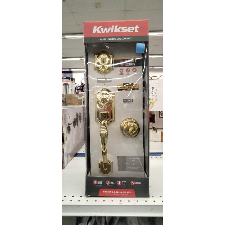 Kwikset Montara Front Door Lock Handle and Deadbolt Set, Entry Handleset Exterior with Interior Door Knob, Polished Brass, Pick Resistant SmartKey Rekey Deadbolt Security