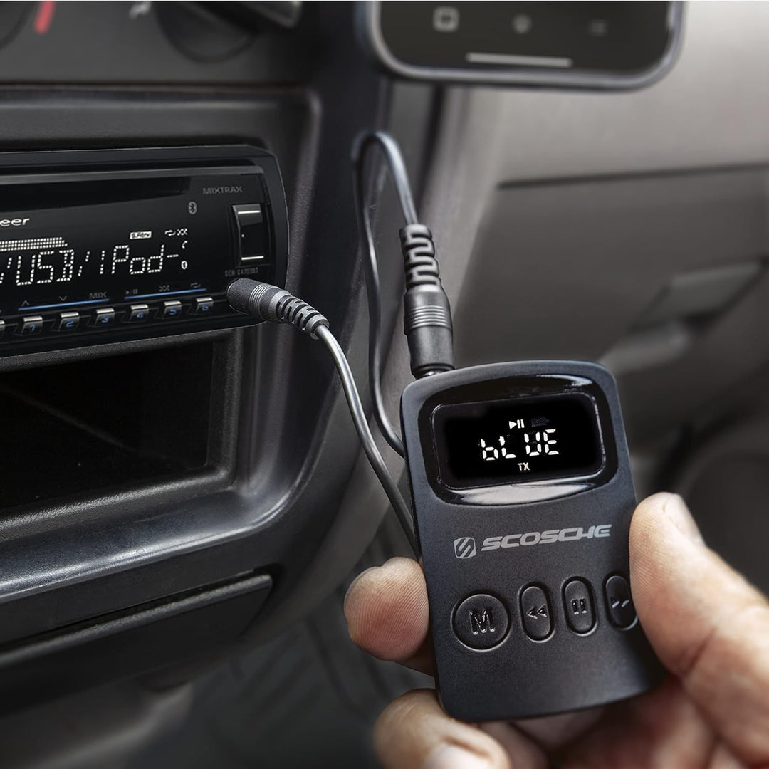 Scosche BTTRFM-SP1 Portable Bluetooth Transmitter/Receiver, FM Transmitter and Wireless Audio Receiver for TV, Headphones, Home/Car Stereo, Airplane Entertainment and more, up to 7 Hour Battery Life