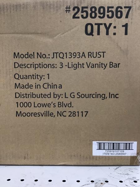 Allen + Roth 3-Light Vanity Bar, Model JTQ1393A RUST Retail $70.00