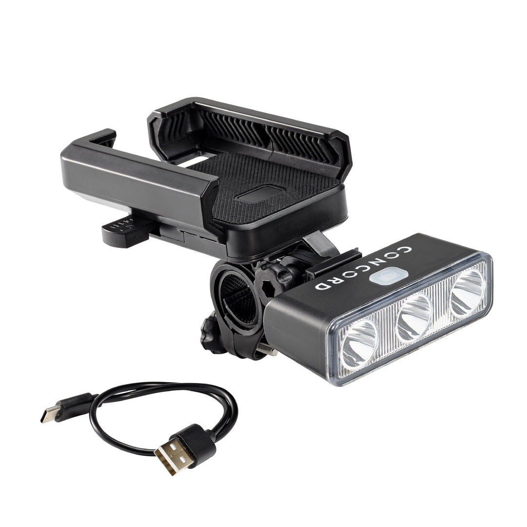 Concord Rechargeable Bike Phone Holder with Front Light  200 Lumens  Backup Battery