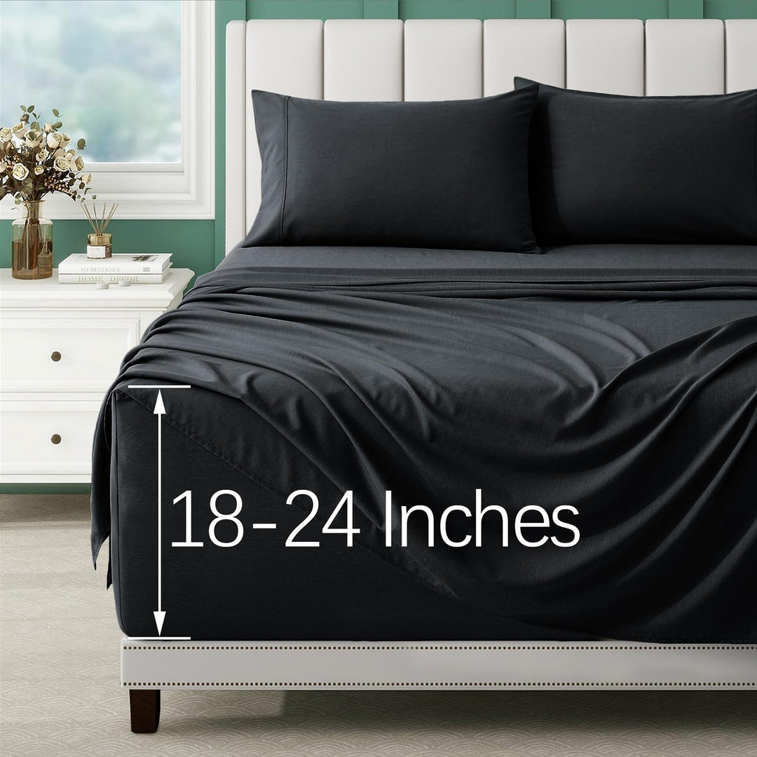 VACVELT 4pcs Extra Deep Pocket Full Sheets, Rayon Derived from Bamboo Sheets, Black Sheet Set 18-24 Inch Deep Pocket Bed Set, Cooling & Silky Bedding Set Soft & Ultra Deep Fitted Sheet Set