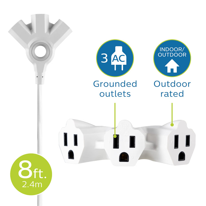 Philips EZGrip Outdoor Extension Cord with Multiple Outlets, Grounded 3 Prong Cord, Short Extension Cord Indoor with Multiple Outlets, Heavy Duty, 8 Ft, 16 AWG, Whitw, SPC3183EZT1/37