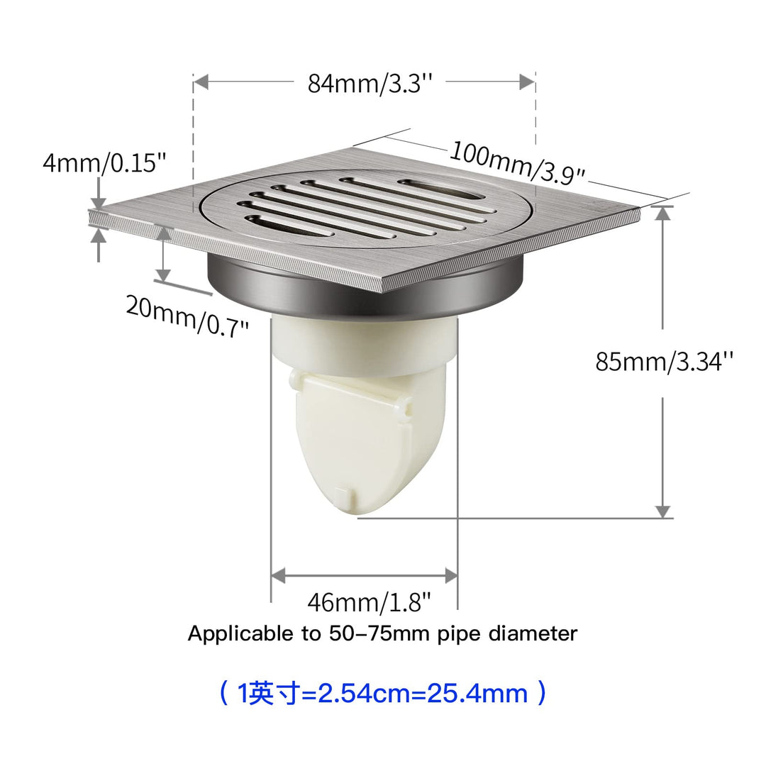 SUBMARINE Square Shower Drain 4 Inch, Built-in Shower Drain Cover, Hair Filter Screen and Floor Drain Backflow Preventer, Quick Drainage, Prevent Odor, Suitable for Bathroom and Kitchen