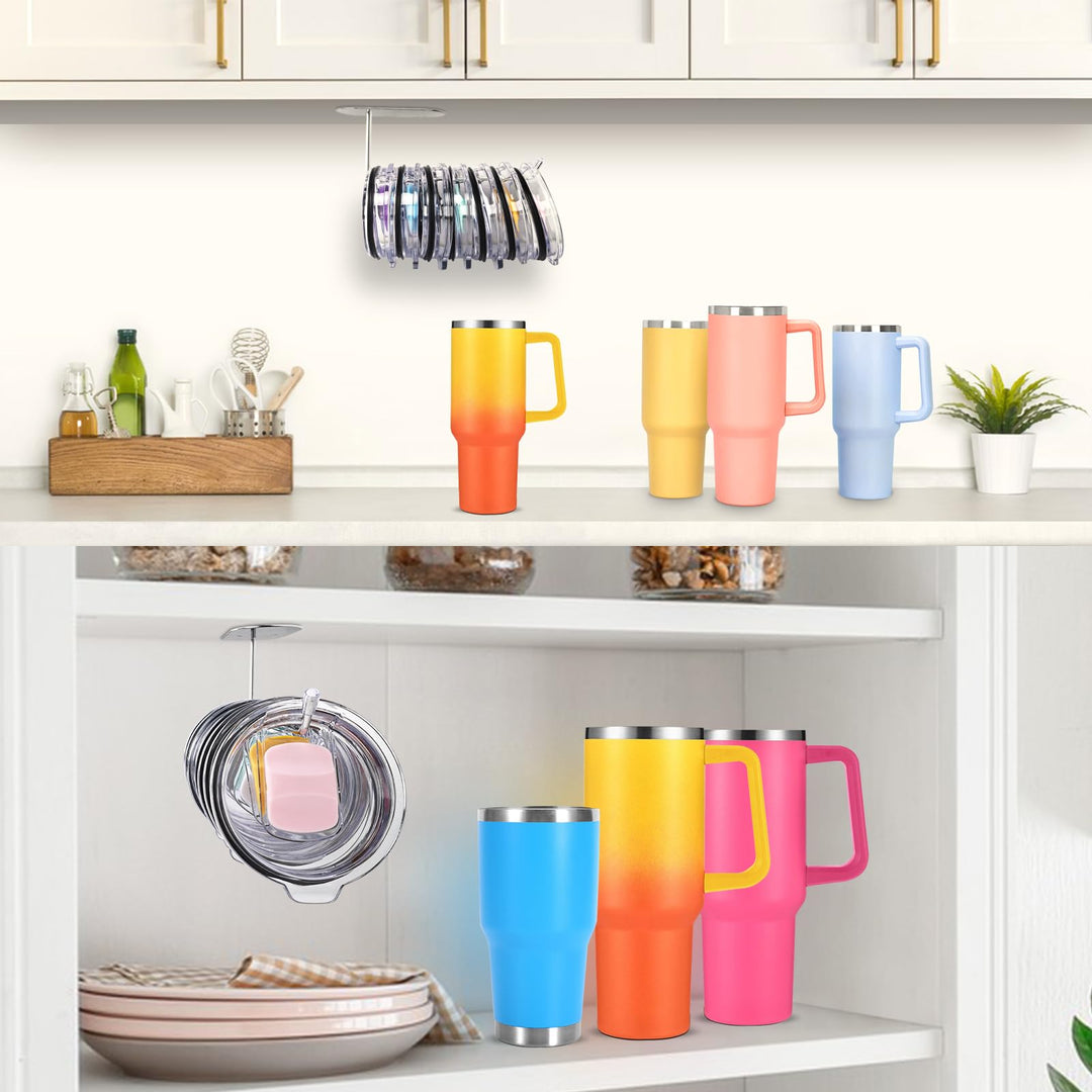 LeeSky 3 Pack Tumbler Lid Organizer, Tumbler Lid Holder Under Cabinet Lid Holder for Cups Water Bottle Lid Holder, Space Saving Cup Lid Organizer for Stanley Tumbler/Yeti Tumbler Lids - Silver