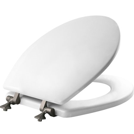Mayfair Edgewater® Round Enameled Wood Toilet Seat in White Never Looosens Brushed Nickel Metal Hinge Retail $27.74