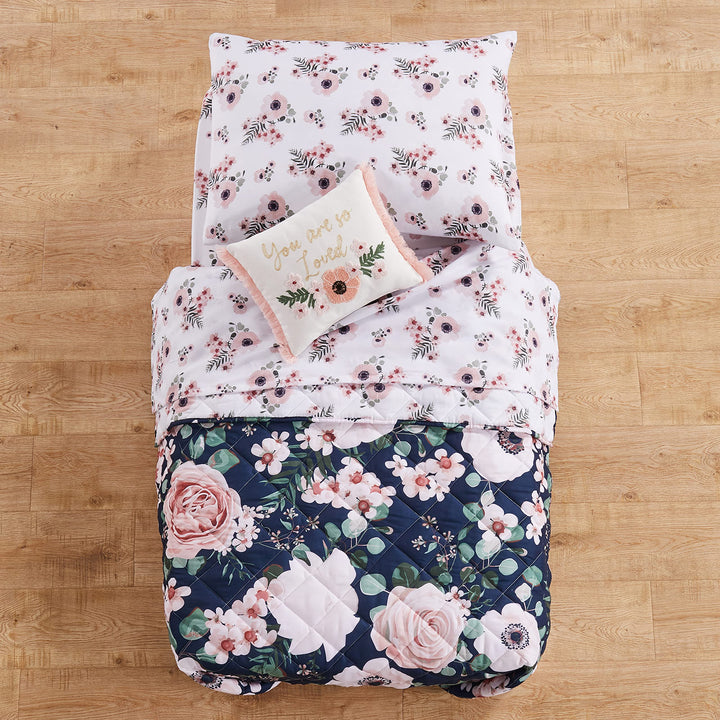 Levtex Baby - Fiori Toddler Bed Set - Black, Blush, Pink, White - Bold Floral - 5 Piece Set Includes Reversible Quilt, Fitted Sheet, Flat Sheet, Pillow Case, Decorative Pilow