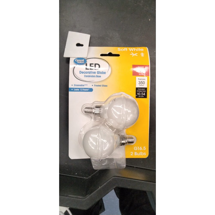 Great Value LED  4.5W (40W Eqv) G16 Globe Lamp E12 Candelabra Base  Dimmable  Soft White  2pk