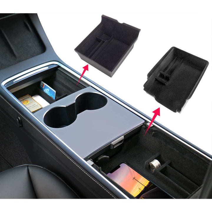 Carwiner 5 PCS Center Console Organizer Tray Compatible with 2021-2023 Tesla Model 3/Y, Cup Holder and Sunglass Holder, Flocked/Silica Rubber Armrest Hidden Cubby Drawer Storage Box Interior