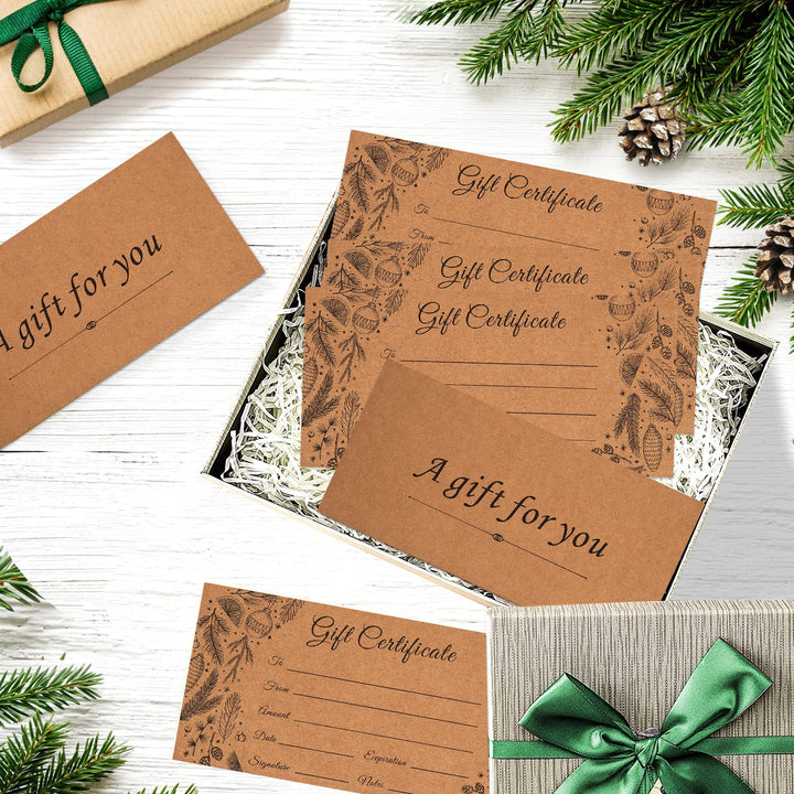 50 Sets Blank Gift Certificates with 50 Envelopes, 3.75 x 7.5 Inches Kraft Gift Certificate Cards, Paper Vouchers for Small Businesses, Holiday, Beauty Bars, Restaurants (Style 1)