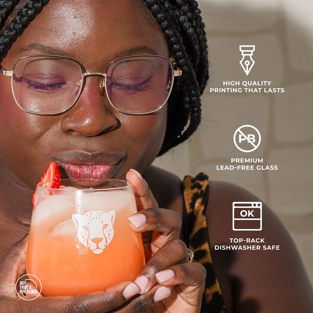 Unique Stemless Wine Glass - Cheetah | Identifiable Animal-Themed Glassware for Cocktails, Wine, Water & Whiskey | 13.5oz Single Glass