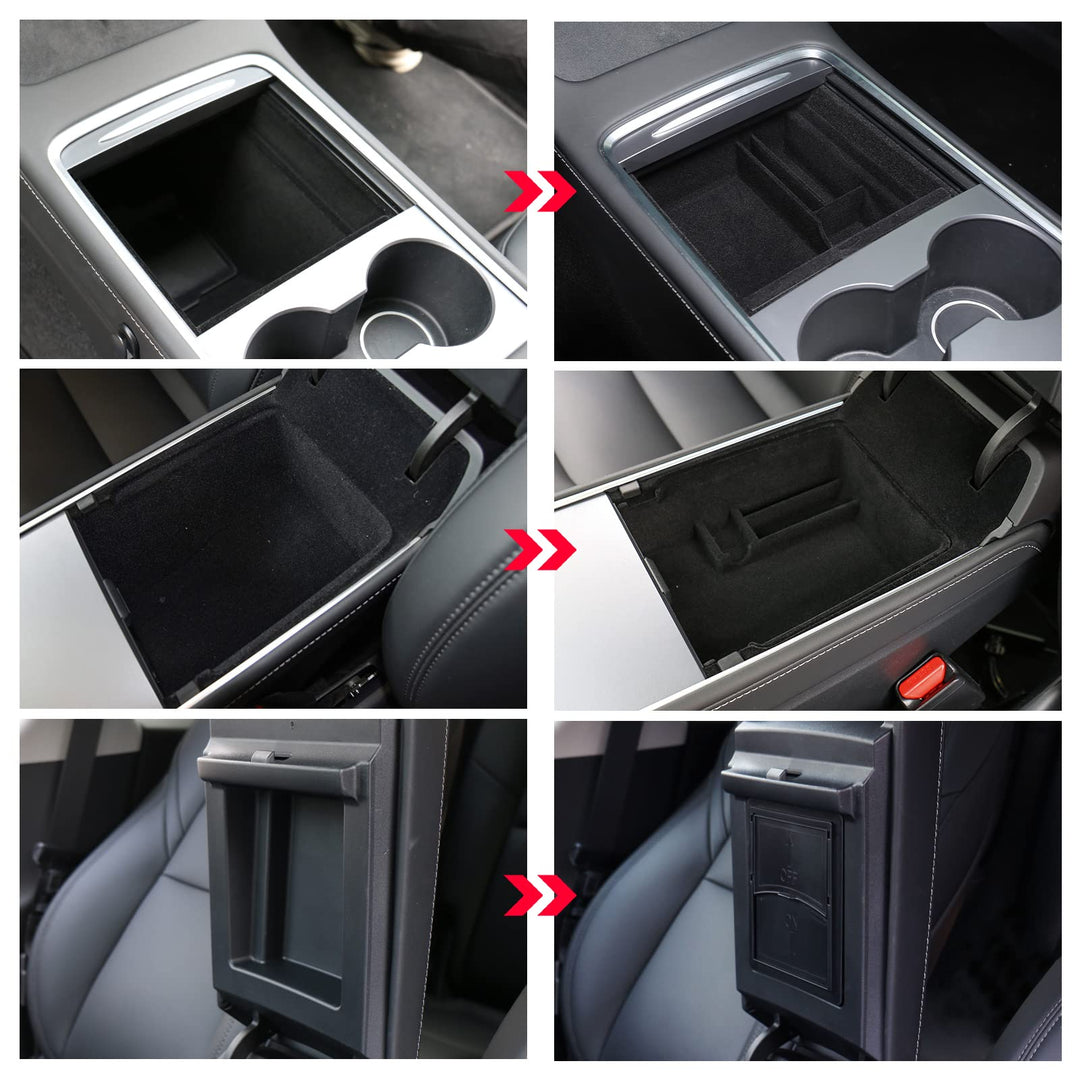 Carwiner 5 PCS Center Console Organizer Tray Compatible with 2021-2023 Tesla Model 3/Y, Cup Holder and Sunglass Holder, Flocked/Silica Rubber Armrest Hidden Cubby Drawer Storage Box Interior