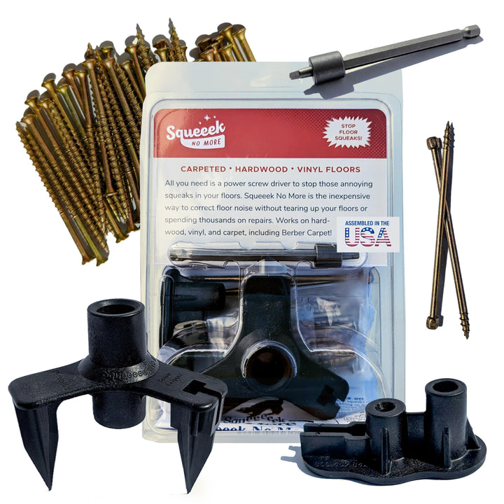SQUEEEK NO MORE Squeaky Floor Repair Kit for Hardwood, Carpet, Vinyl & Linoleum â€“ Complete Floor Squeak Repair Kit Includes Joist Finder Drill Bits, Tripod Fixture and 50 Counter-snap Screws