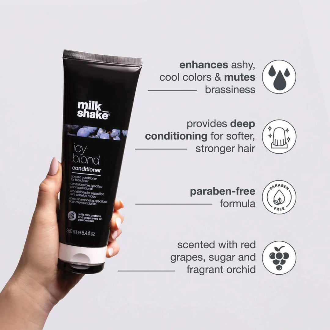 milk_shake icy blond conditioner | award winning toning conditioner with black pigment to neutralize yellow and brass in platinum blonde hair | hydrates and brightens cool tones 8.4 fl oz