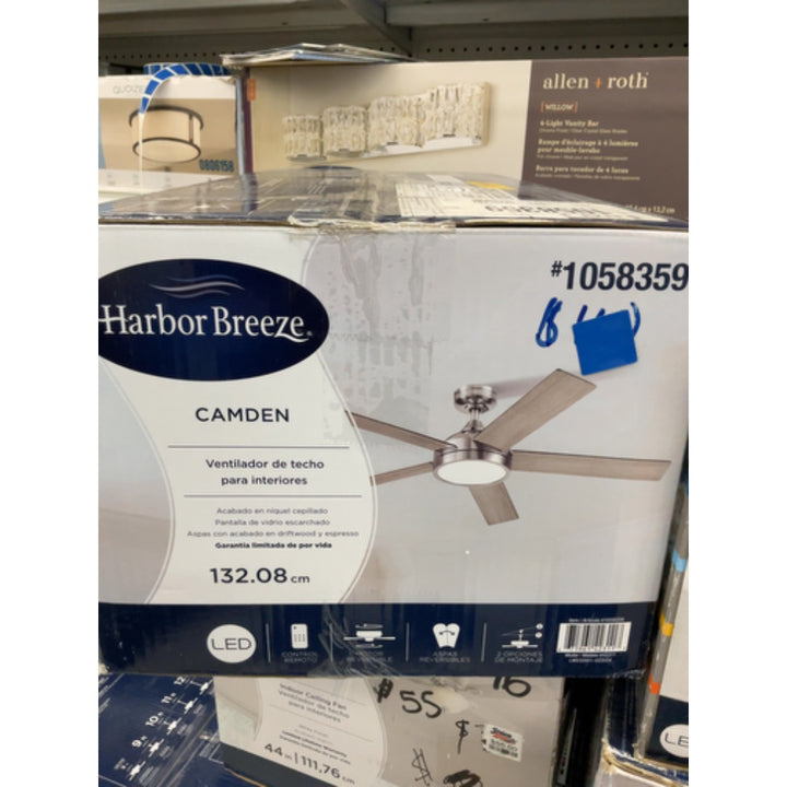 Harbor Breeze Camden 52-Inches Brushed Nickel with Driftwood/Sienna Blades Integrated LED Fixture Indoor Downrod Mount Standard Ceiling Fan with Light