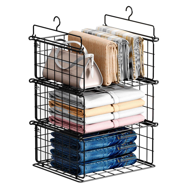 Chemailon 3 Tier Hanging Stackable Closet Organizer Wire Storage Bin Basket Drawers Shelves for Clothes Sweaters Handbags Clutches Black
