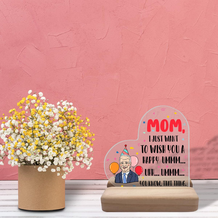 Gifts for Mom Unique Birthday Decorations for Mama Mother in Law Birthday Party Balloon Heart Shaped Acrylic Sign Plaque with Wood Stand for Home Office Bedroom Living Room Desk Table