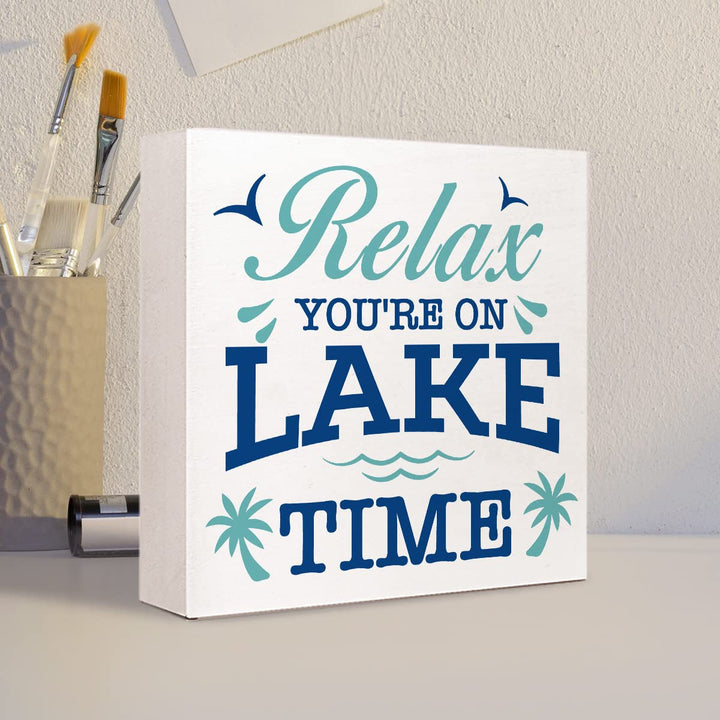 Relax You're on Lake Time Rustic Lake Wooden Plaque Sign Desk Decor,Retro Lake Cabin Home Wood Block Sign Desk Decorations for Primitive Country Lake Farmhouse Shelf Table Decor
