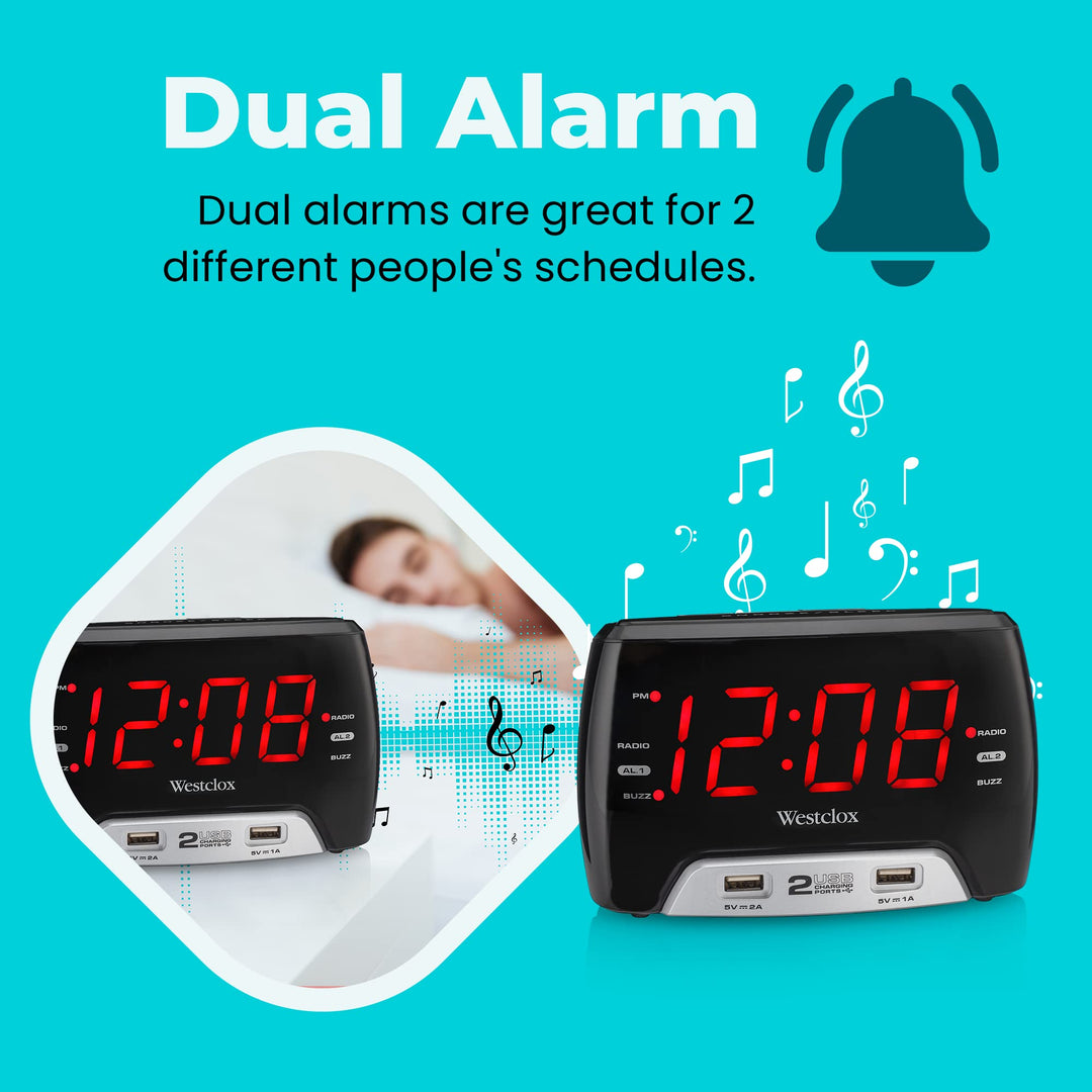 Westclox Large 1.4â€ Red LED Digital FM Clock Radio with Dual USB A & C Charging Ports, Adjustable Brightness, Dual Alarms & Sleep Timer â€“ Modern Alarm Clock for Bedroom, Home, or Office (Black)