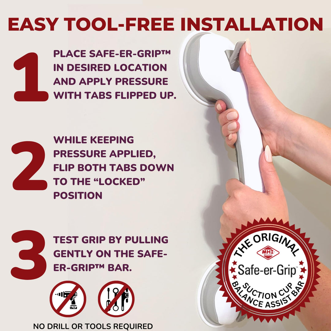 Safe-er-Grip Changing Lifestyles Suction Cup Grab Bars For Bathtubs & Showers; Safety Bathroom Assist Handle, White & Grey, 16 Inches