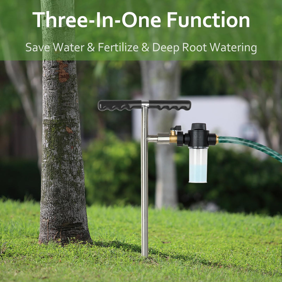 Root Feeder Deep Watering Fertilizing Spike with Fertilizer Dispenser & Quick Connector Stainless Plant Save Watering Toll for Promote Outdoor Garden Tree Shrubs Growth with T-Handle Irrigation System