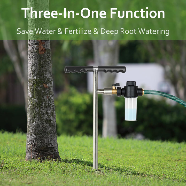 Root Feeder Deep Watering Fertilizing Spike with Fertilizer Dispenser & Quick Connector Stainless Plant Save Watering Toll for Promote Outdoor Garden Tree Shrubs Growth with T-Handle Irrigation System