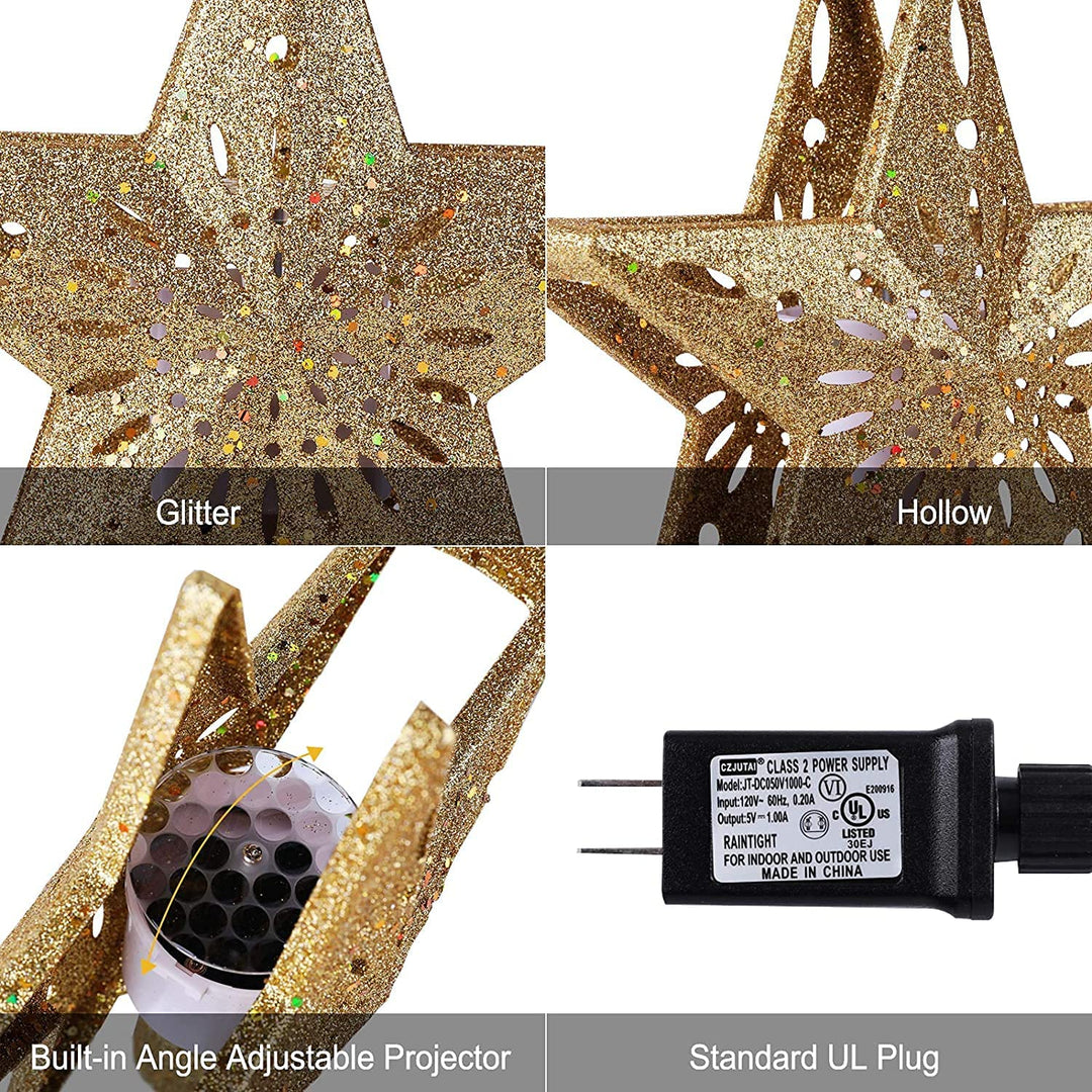 Christmas Star Tree Topper with Built-in Led Snowflake Projector Lights Hollowed Pentagram Tree Topper,Plug in Christmas Tree Ornament for Indoor Office Xmas New Year Holiday Tree Decoration