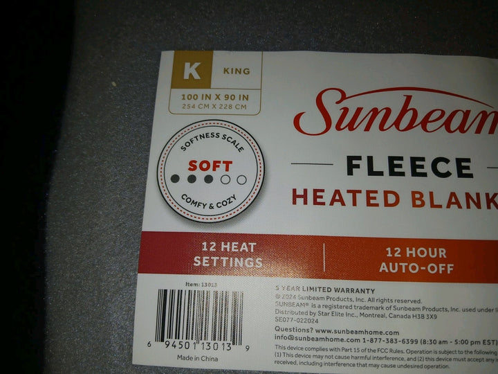 Sunbeam 100" X 90" Size KING Fleece Heated Blanket #13017 Gray BRAND NEW