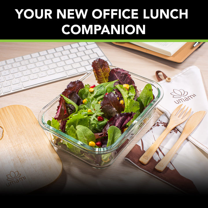 Umami Glass & Bamboo Meal Prep Container, Food Storage Container, Leakproof and Plastic Free, Stylish Microwave/Dishwasher Safe Small Bento Lunch Box For Men/Women (Glass 22 oz)