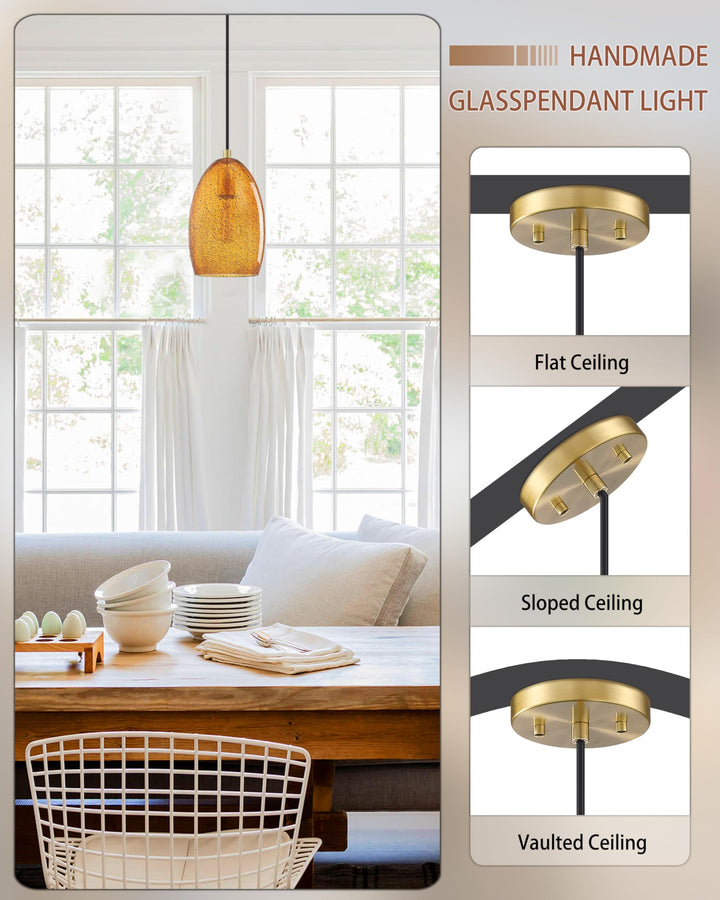 Dolaimy House 3 Pack 1 Light Mini Hanging Indoor Kitchen Island Pendant Light,5.3" Ancient Seeded Amber Glass Pendant Ceiling Light Fixtures Brushed Bronze Finish Modern Farmhouse Dinning Over Sink